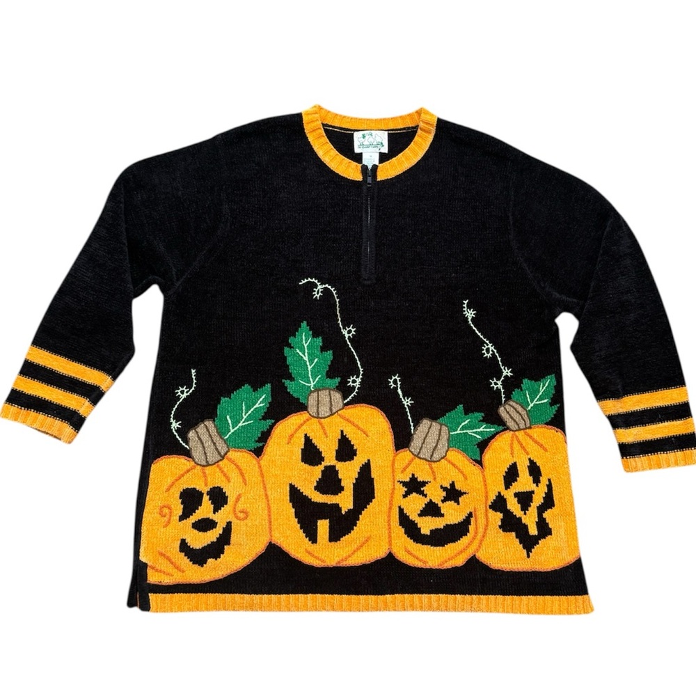 Vintage Quacker Factory Halloween Chenille Sweater Pumpkin 1/4 Zip 1X XL